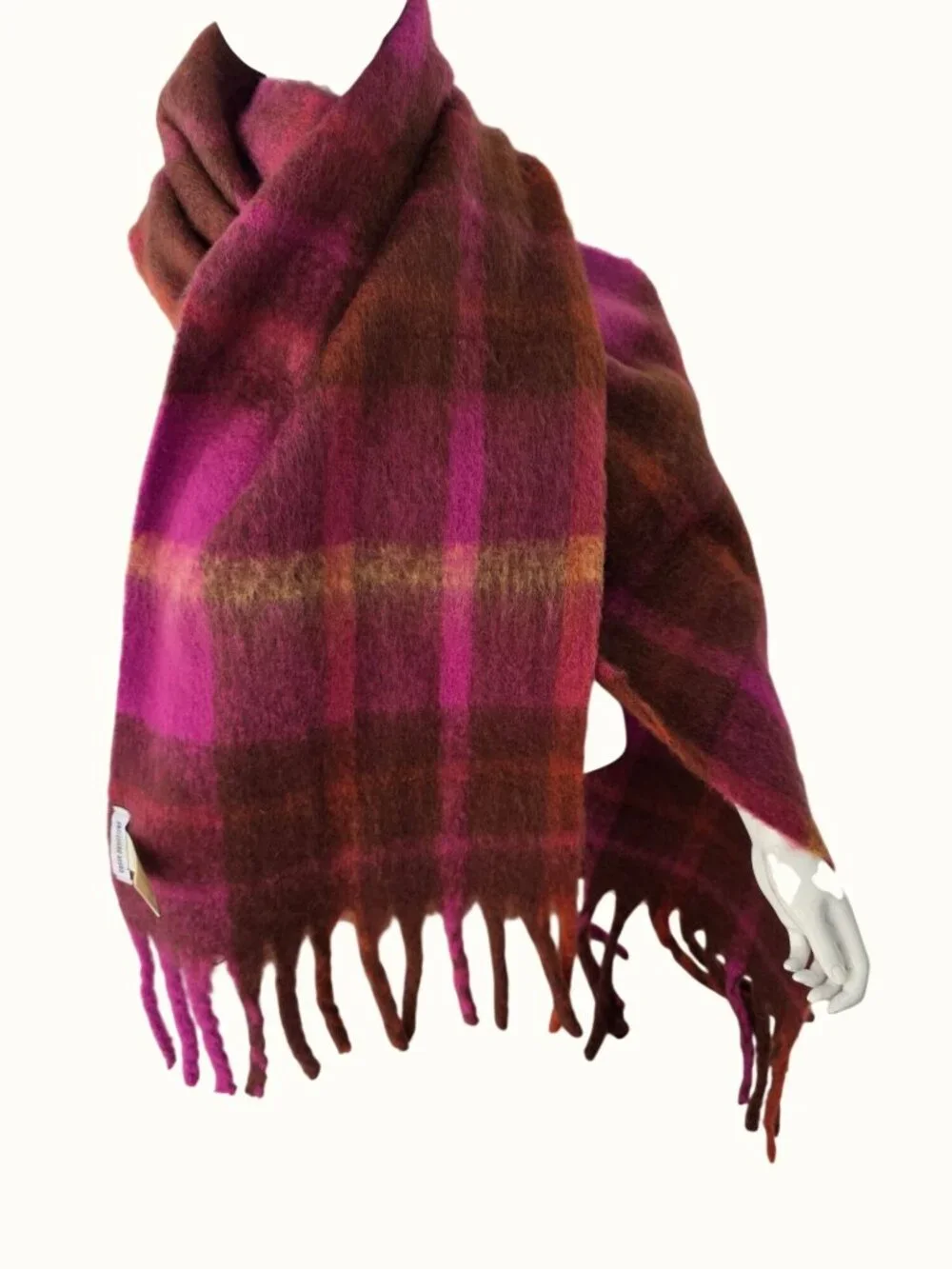 Urban Outfitters Plaid Blanket Scarf Wrap Pink Burgundy Brown Fringe Oversized